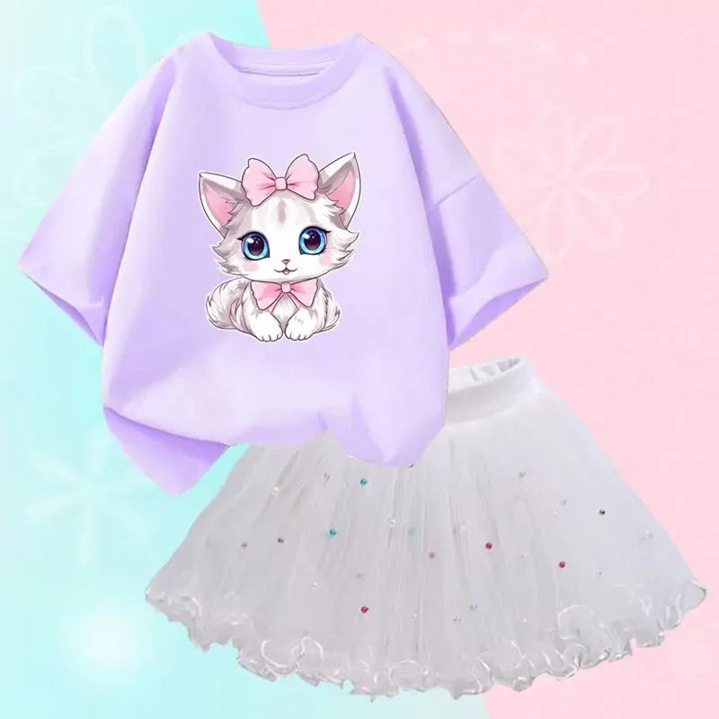 Tenues d'été mignonnes pour filles, T-shirt chat dessin animé et jupe tutu, vêtements de princesse pour filles, vêtements d'anniversaire pour enfants, 2 pièces/ensemble