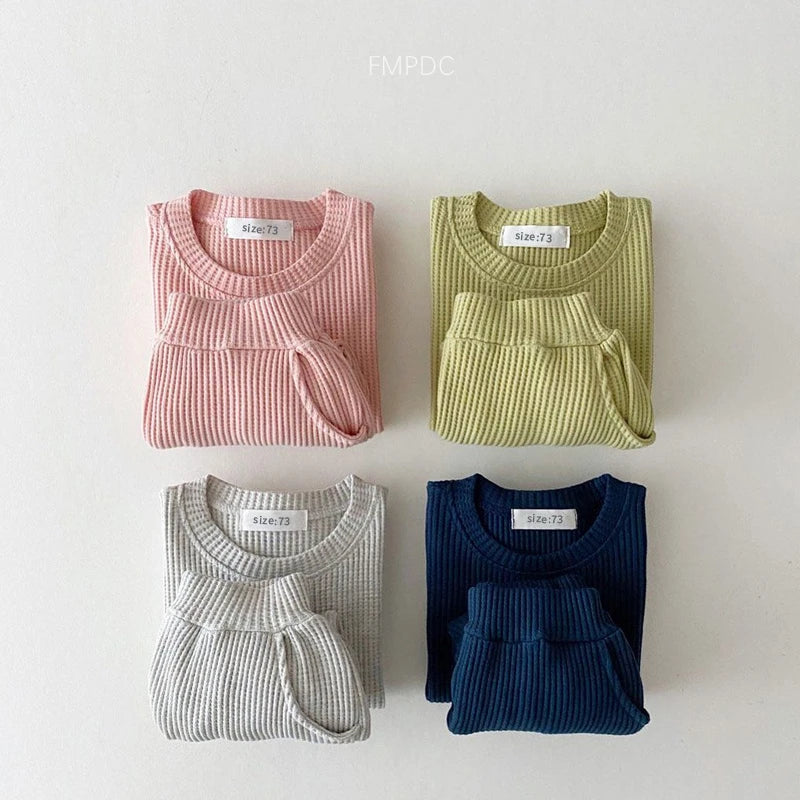 Ensemble de vêtements coréens pour bébés garçons, faux deux pièces en coton gaufré + pantalon, tenue 2 pièces, 2023