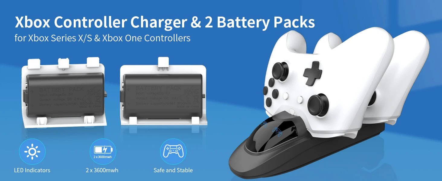 Station de chargeur de contrôleur avec 2 batteries rechargeables de 3600 mWh pour Xbox One/Series X | Contrôleur S, double station de charge pour