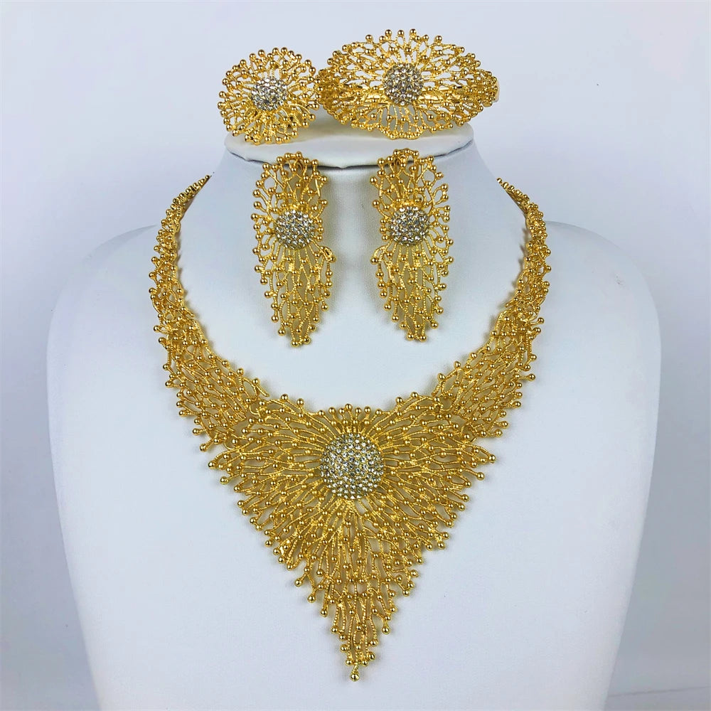 Ensembles de bijoux plaqués or 18 carats pour femmes, collier design de luxe, boucles d'oreilles, bracelet et bague, ensemble complet, haute qualité, tendance