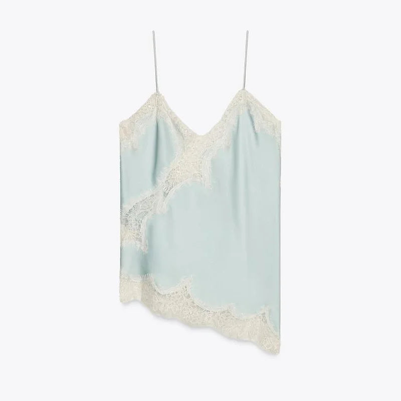 Été femmes haut à licou Satin dentelle épissé réservoir dos nu col profond Sexy gilet ourlet irrégulier robes 2025 dame vacances Sexy hauts