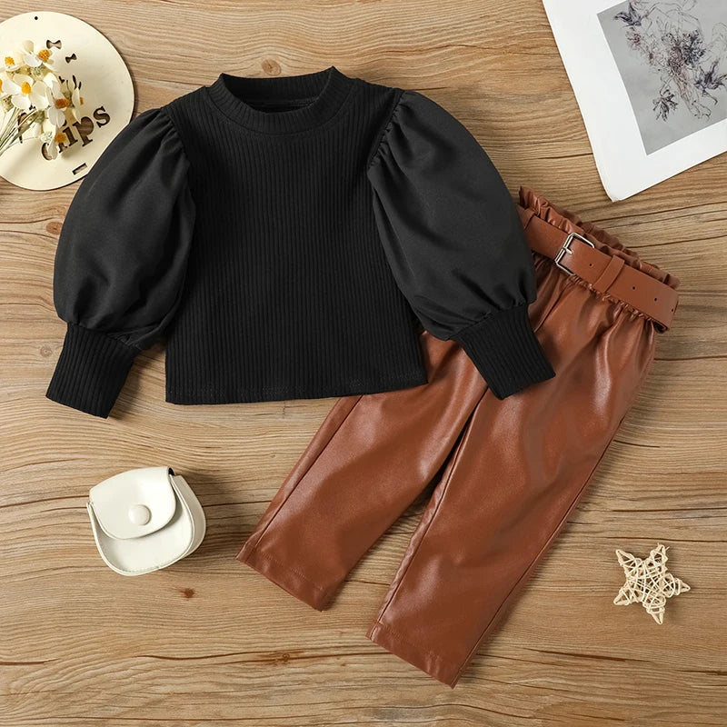 Ensemble de vêtements pour enfants filles, chemisier côtelé à manches longues bouffantes + pantalon en cuir PU avec ceinture, 2 pièces pour vêtements pour filles, taille 1 2 3 4 5 6