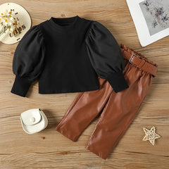 Ensemble de vêtements pour enfants filles, chemisier côtelé à manches longues bouffantes + pantalon en cuir PU avec ceinture, 2 pièces pour vêtements pour filles, taille 1 2 3 4 5 6
