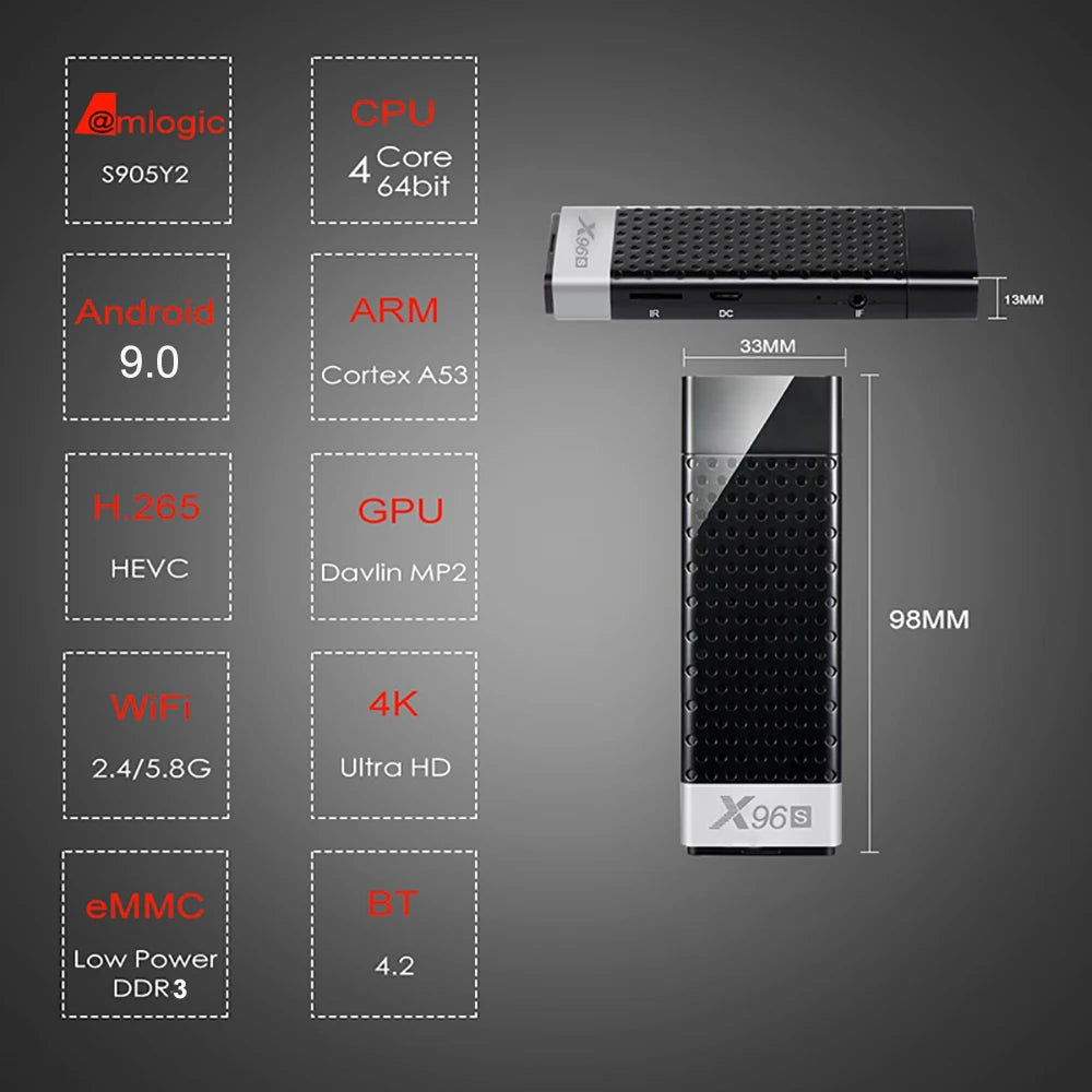 Clé TV X96S 4K, Android 9.0, Amlogic S905Y2 Quad Core, 4 go/32 go, Wifi 2.4/5GHz, bt 4.2, 1080P, H.265, Miracast, Dongle TV