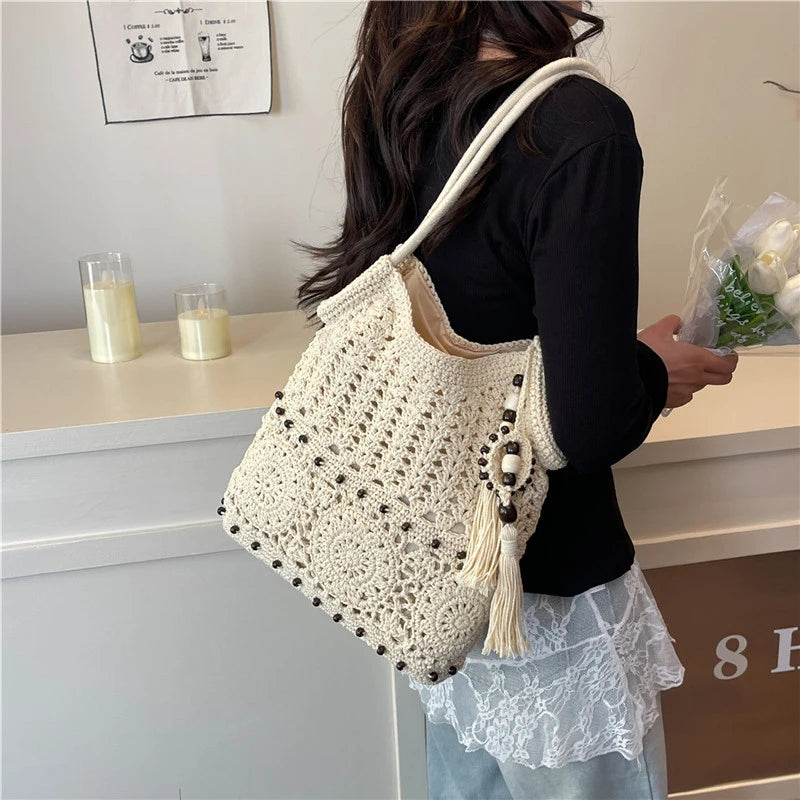 Sac à main tissé de grande capacité, sac à bandoulière ajouré, fourre-tout en Crochet, fourre-tout bohème tissé pour femmes, sacs de Shopping tricotés