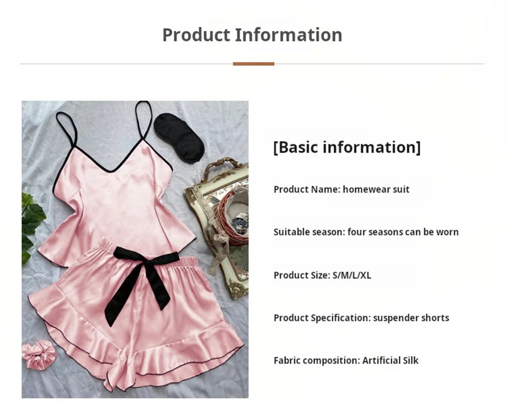 Pyjama en Satin lisse pour femmes, T-Shirt à col en v, bords à volants et short à nœud, ensemble pyjama Simple et respirant, vêtements de maison à bretelles