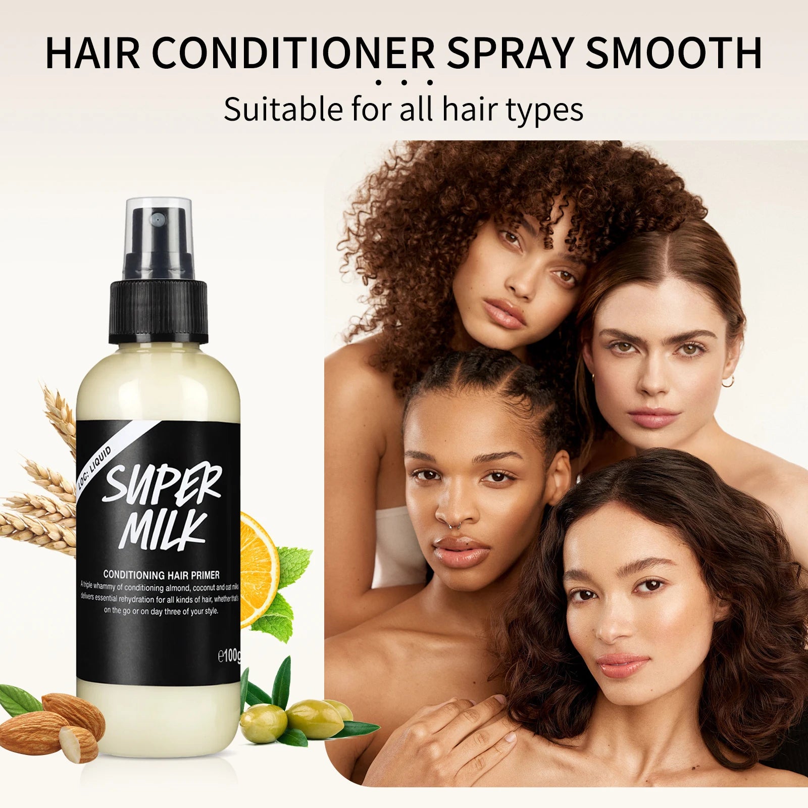 Spray d'apprêt capillaire revitalisant 100g – Contrôle des frisottis, lait d'avoine de noix de coco et d'amande, sans lavage, sans rinçage, lisse et brillant