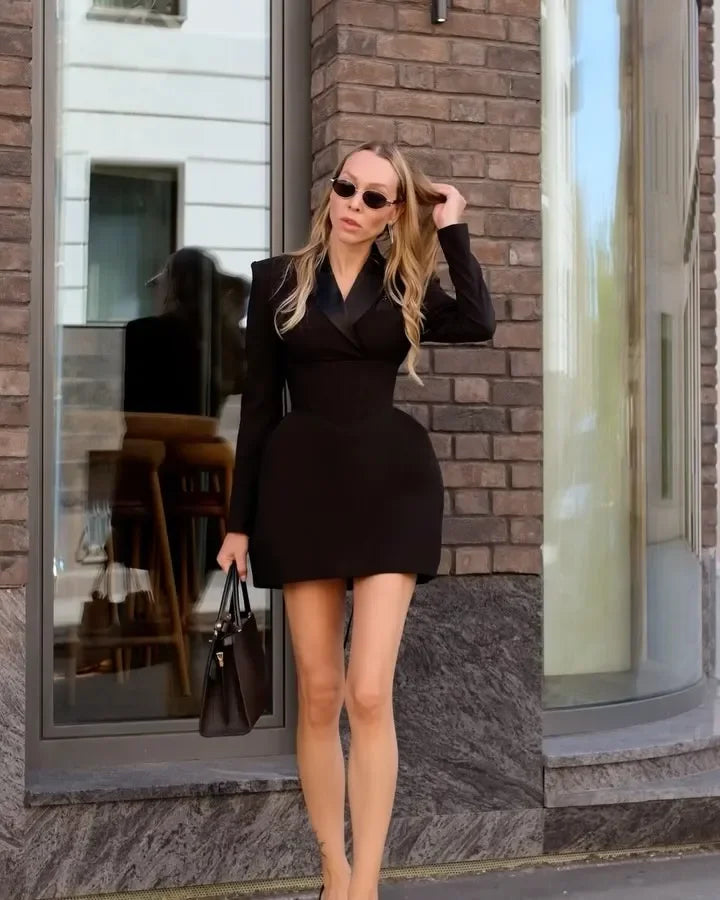 Elegant black dresses for women, chic, V-neck, fitted waist, shoulder pads, long sleeves, mini party dresses, chic street dresses, 2025