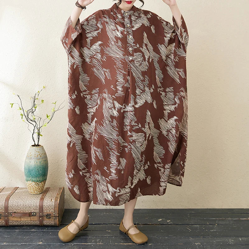 Summer commute. Cotton linen print loose long dress with high neck A-line skirt. Seven long dresses available in plus sizes.