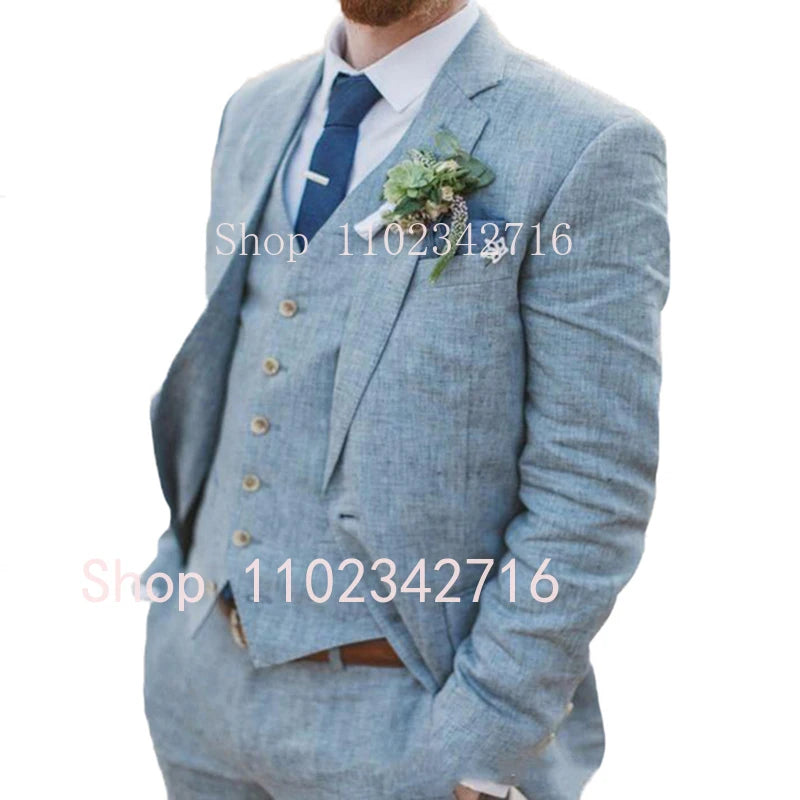 Men's 3-piece linen suit, groom's tuxedo for wedding, summer beach, wetsuit (jacket + pants + icing) Terno, 2023