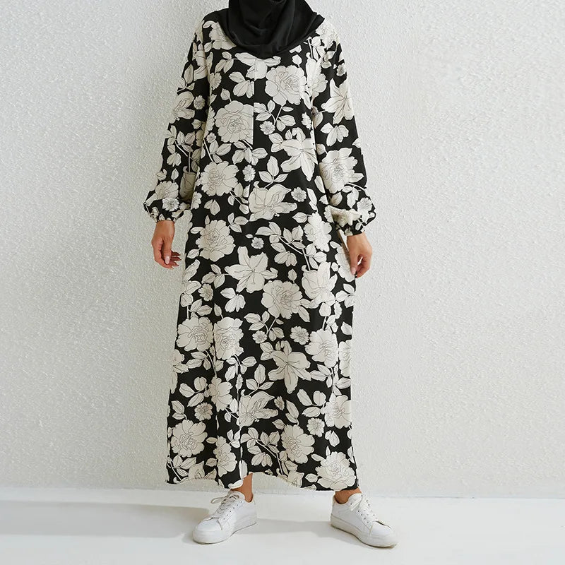 Women's Pop Eid Muslim Abaya Ramadan Moroccan Arabic Pockets Long Floral Dress Dubai Caftan Islamic Abayas Zippers Casual Dresses