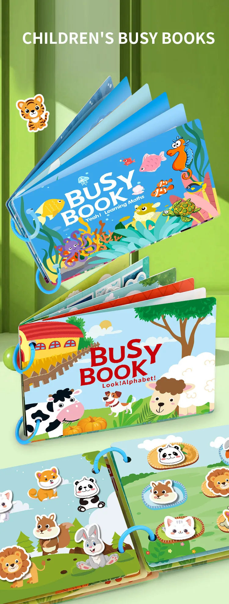 Livre occupé pour les tout-petits âgés de 2 à 6 ans, livre silencieux, activité d'apprentissage préscolaire, autocollant réutilisable et Velcro assorti Montessori Fine Mot