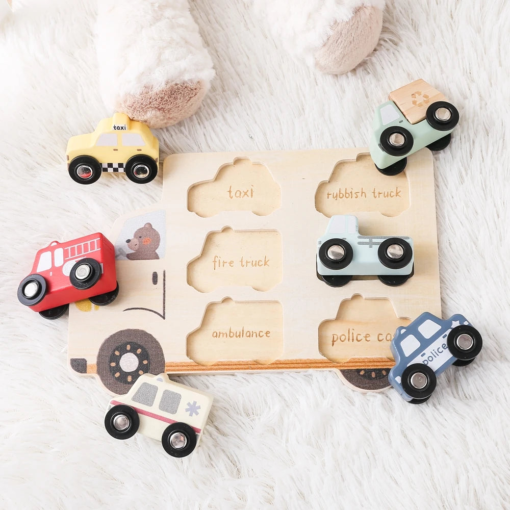 Puzzles en bois pour enfants, jouets pour bébés, Puzzle 3D Montessori, jouets éducatifs pour bébés de 2 ans, voitures, planche assortie