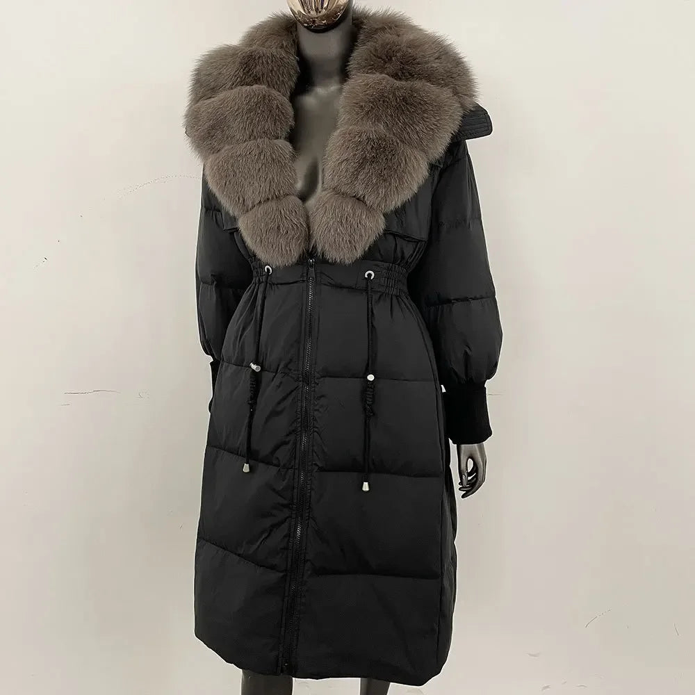 Doudoune longue avec col en fourrure pour femme, pardessus en fourrure de renard, longueur aux genoux, à la mode, chaude, cintrée à la taille, vêtements d'extérieur amincissants