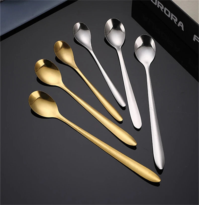 Round, gold-plated stainless steel teaspoons with long handles, for cupcakes, fruit, coffee, honey, desserts, Assad spoon, Britware