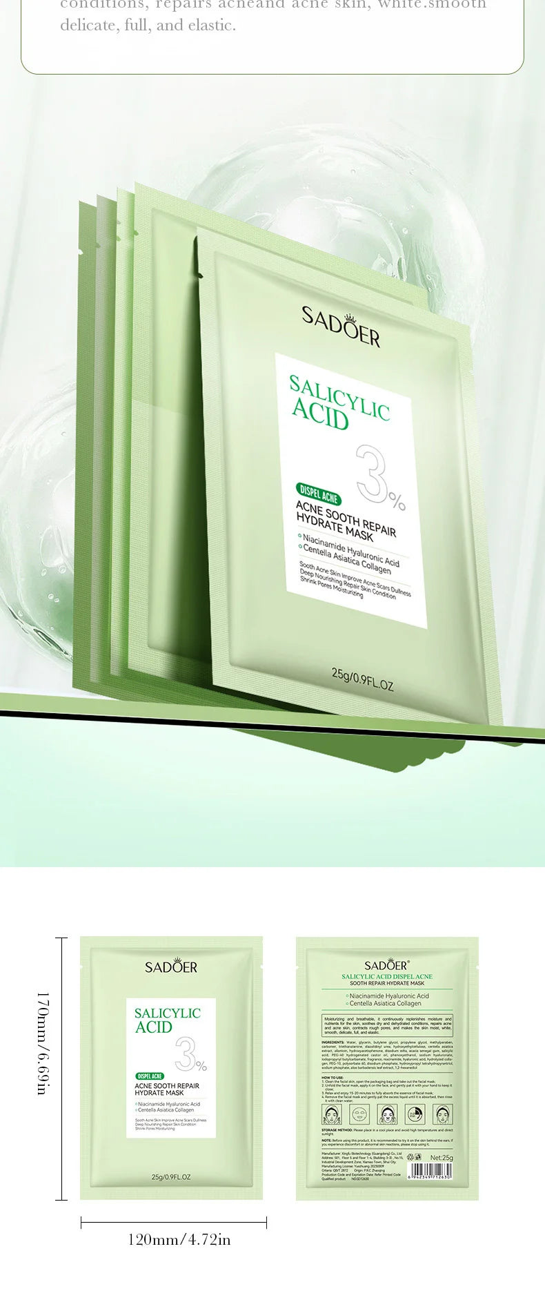 5 pièces SADOER acide salicylique masque Facial hydratant nourrissant raffermissant hydratant masques pour le visage masque en feuille soins de la peau