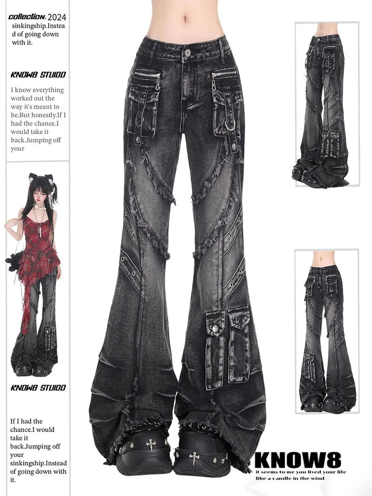 Jean Baggy Cargo gothique noir pour femmes Y2K American High Street 2000S Harajuku esthétique Vintage jean pantalon vêtements