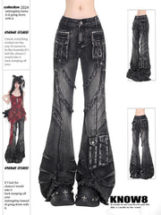 Jean Baggy Cargo gothique noir pour femmes Y2K American High Street 2000S Harajuku esthétique Vintage jean pantalon vêtements