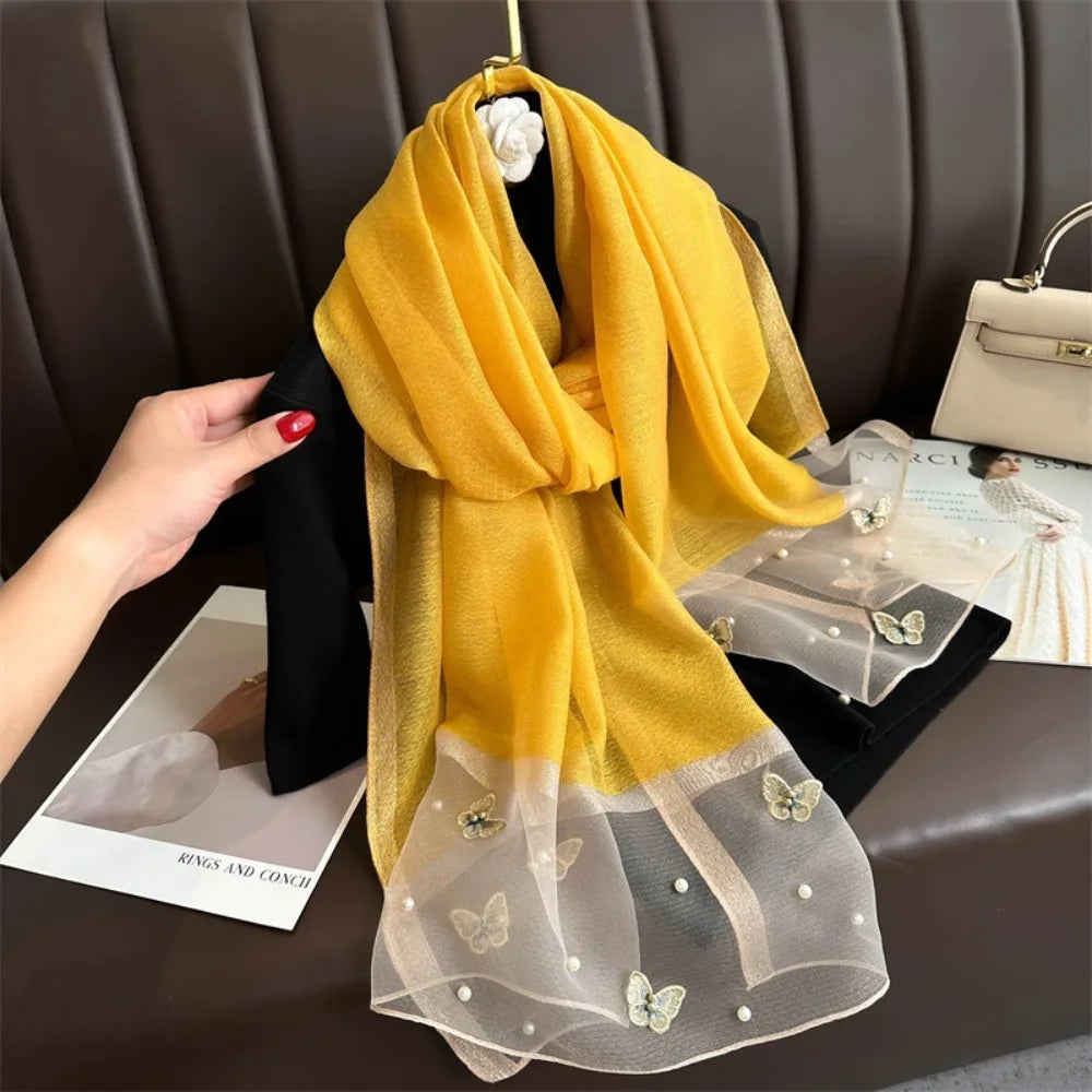 Grand Foulard Fin et Élégant avec Broderie Papillon, Châle Hijab de Luxe pour Femme