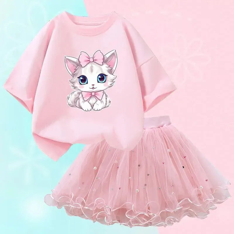 Tenues d'été mignonnes pour filles, T-shirt chat dessin animé et jupe tutu, vêtements de princesse pour filles, vêtements d'anniversaire pour enfants, 2 pièces/ensemble