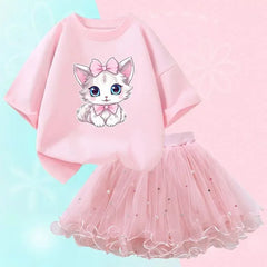Tenues d'été mignonnes pour filles, T-shirt chat dessin animé et jupe tutu, vêtements de princesse pour filles, vêtements d'anniversaire pour enfants, 2 pièces/ensemble