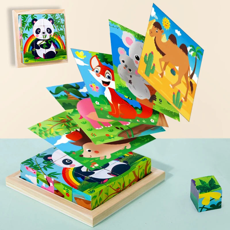 Puzzle en bois peint à Six côtés, blocs de construction tridimensionnels pour animaux de la circulation, jouet éducatif pour l'éducation précoce