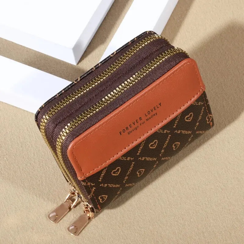 Mini faux leather wallet with double zipper, compact classic pouch, multiple card slots, matching pocket, RFID protection, chic 