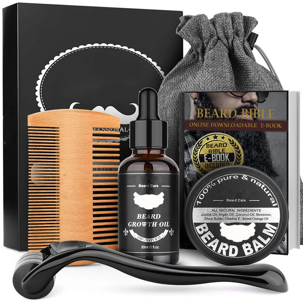 Ensemble complet de soins de barbe pour hommes, peigne à barbe, baume, peigne Double face avec rouleau, liquide de croissance de barbe, 5/7/8 pièces