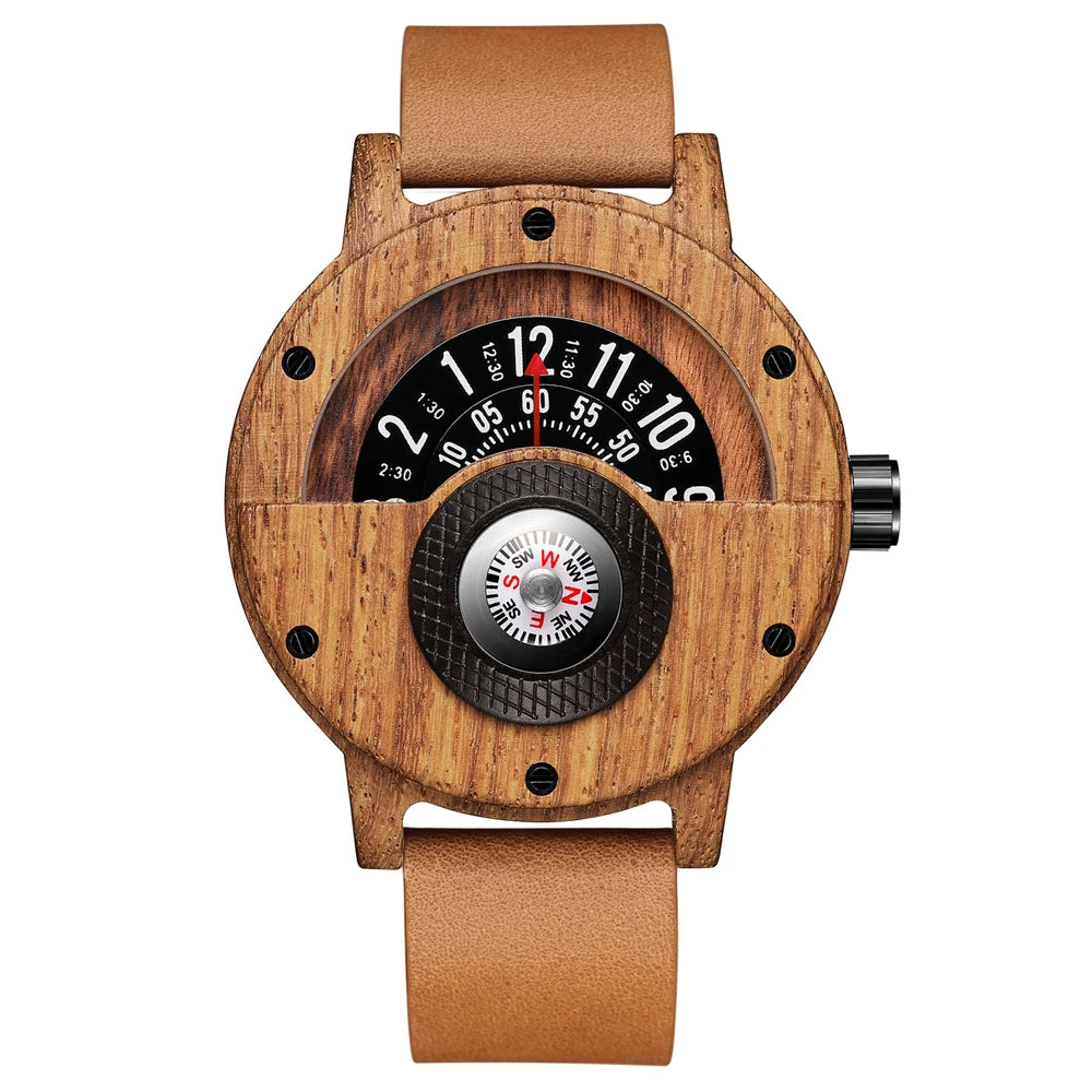 Montre en bois naturel pour hommes, Table rotative, cadran boussole, véritable bois de noyer, ébène, bambou, Concept marron, montre à Quartz