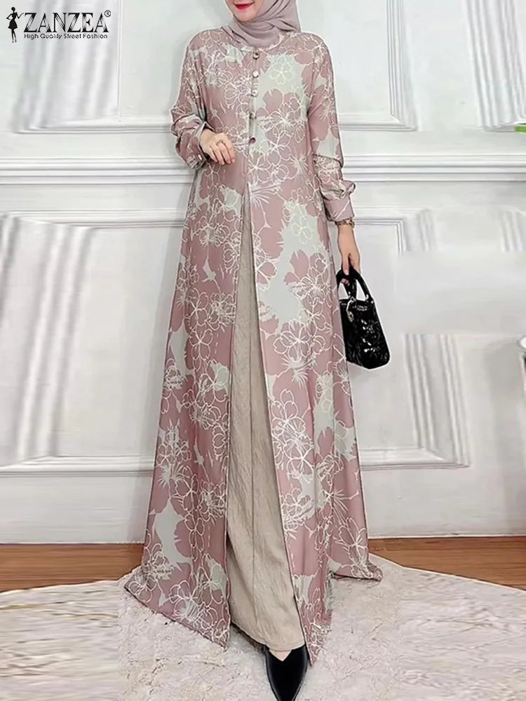 ZANZEA-Robe maxi patchwork à manches longues pour femmes, Abaya musulmane, Robe d'été élégante, Robe imprimée florale, Robe de ramadan, Kaftan éducatif, Mode