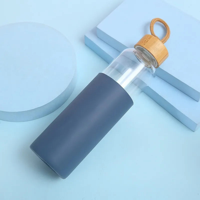 Bouteille d'eau en verre de 500ml, avec manchon en Silicone résistant à la chaleur, petite bouche, bouteilles portables anti-fuite avec poignée