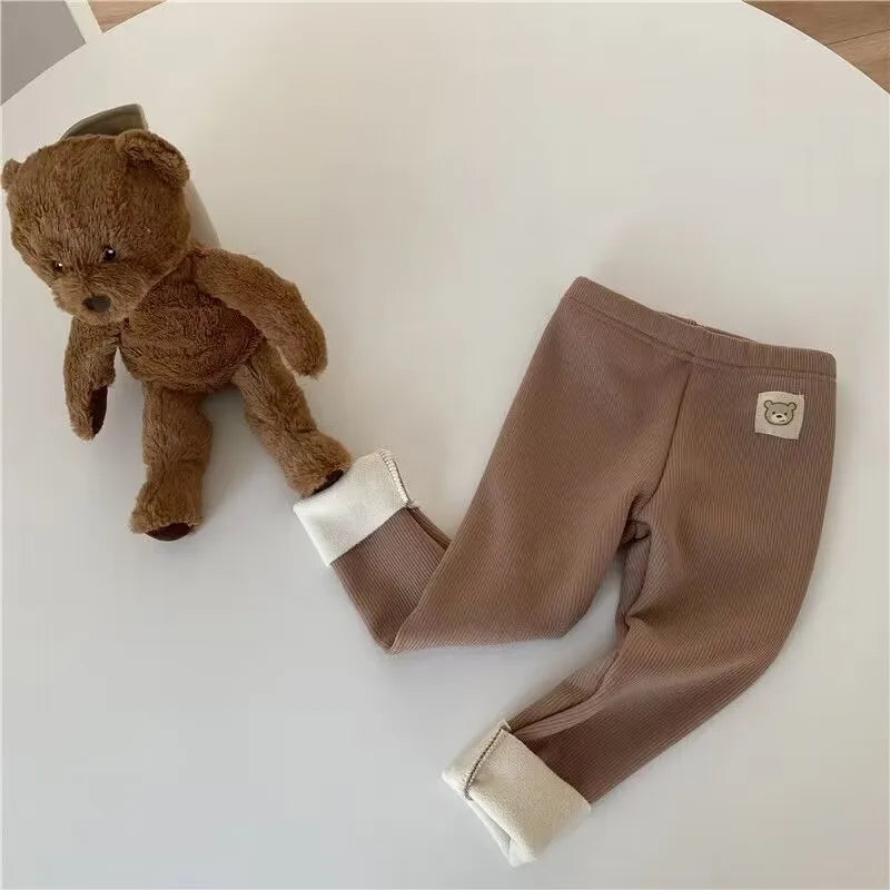 Girls' fleece-lined leggings, warm winter stretch pants with bear patch, soft pants for children aged 1-6 years