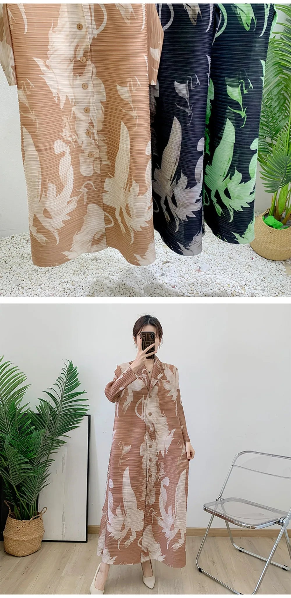 Robe imprimée à col en v pour maman, nouvelle mode d'âge moyen et âgée, manches sept-quarts, jupe plissée verte X, printemps 2025