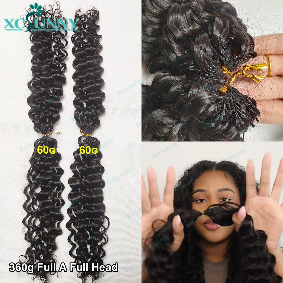 Crochet curly human hair extensions, knotless, pre-parted, feathery, human hair, water wave, invisible knot with string