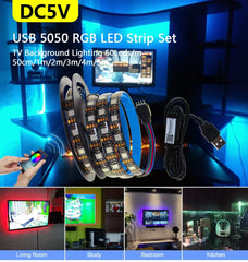 5V RGB USB LED Strip Light, Waterproof, Black PCB 5050, 0.5m, 1m, 2m, 3m, 4m, 5m, LED Strip Light, PC, TV Backlight, Remote Control