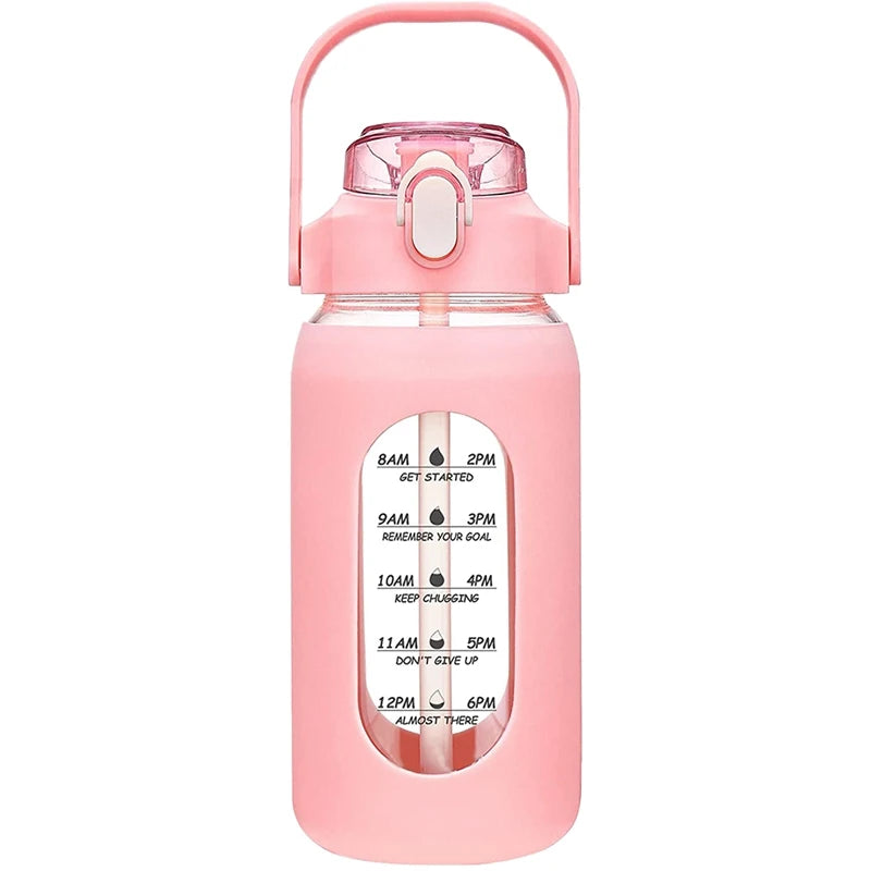 Bouteilles d'eau en verre de 1000ML avec paille, bouteille en verre avec manchon en Silicone et marqueur de temps, pour salle de sport, Camping, maison et bureau