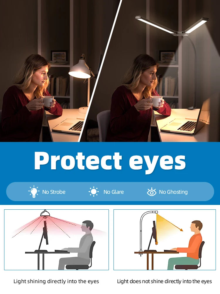 Lampes de bureau LED à double tête, lumière de moniteur d'ordinateur à intensité variable en continu, lampe de table USB pour étude de bureau, luminaire de lecture  lumiere bureau  lampe ecran ordinateur