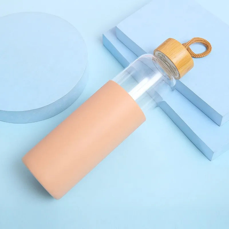 Bouteille d'eau en verre de 500ml, avec manchon en Silicone résistant à la chaleur, petite bouche, bouteilles portables anti-fuite avec poignée