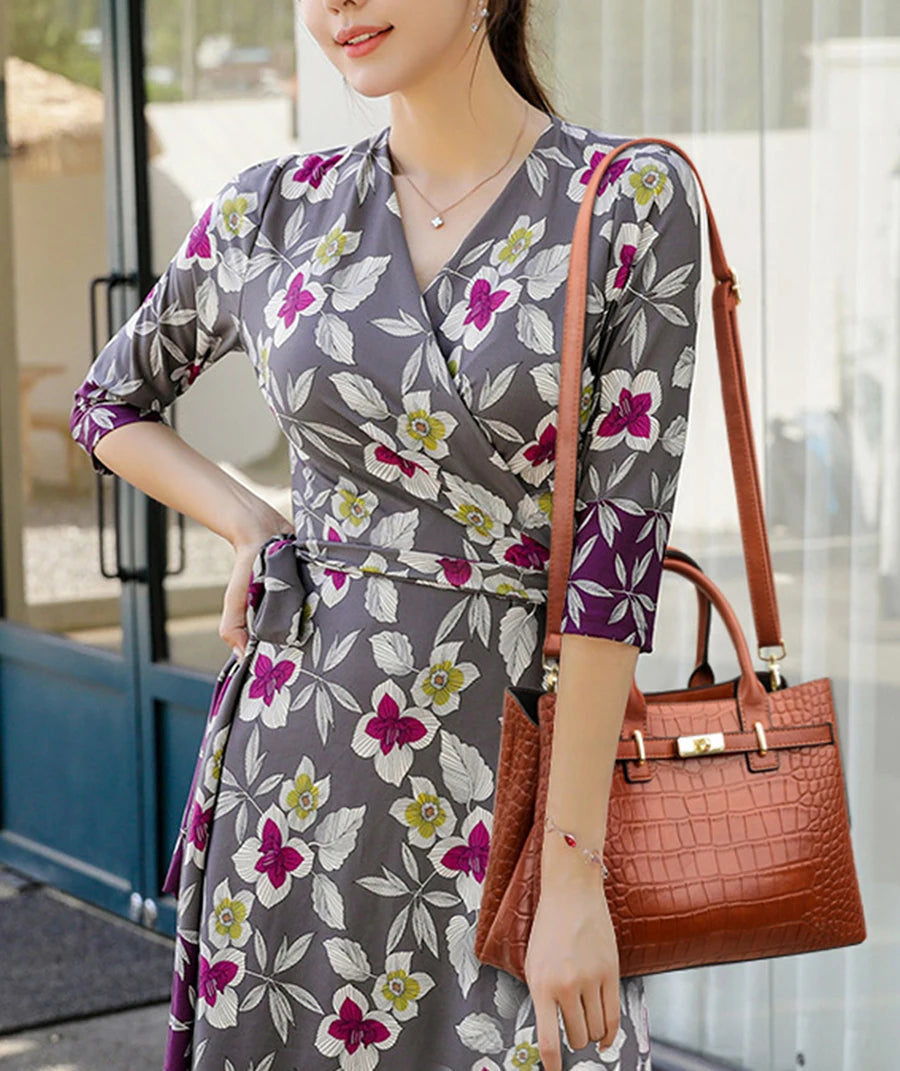 Famous brand women's handbags, high quality crocodile stripe three-piece designer shoulder bag/tote bag 