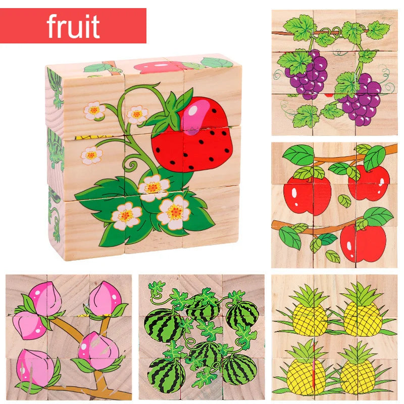 Six-sided painted wooden puzzle, three-dimensional traffic animal building blocks, TMZ Montessori early education toys