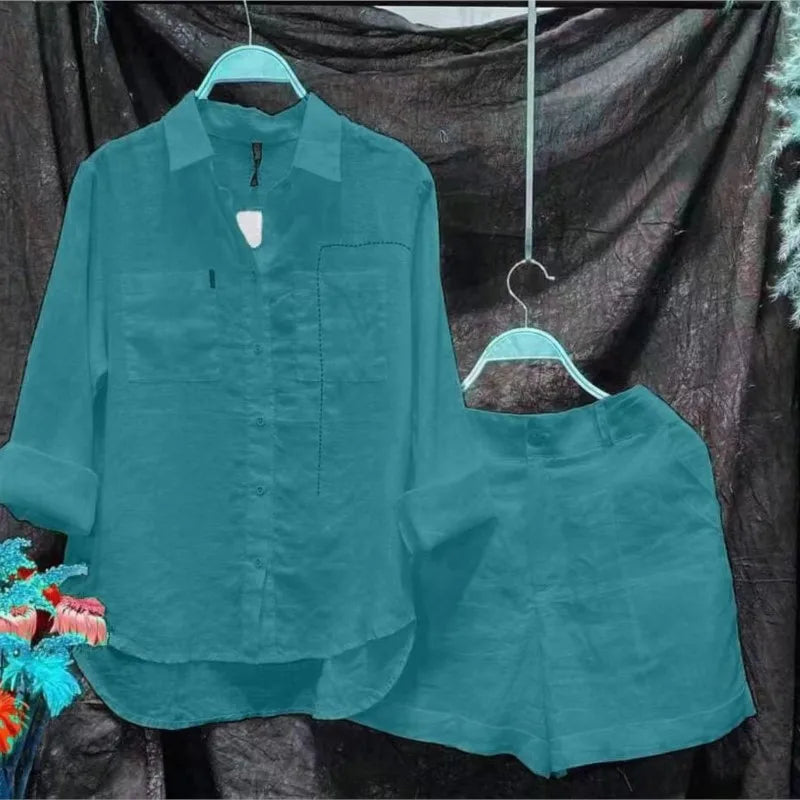 Ensemble d'été 2 pièces en coton et lin pour femmes, chemise et short blancs à manches longues, à la mode, pour la maison, survêtement, 2024
