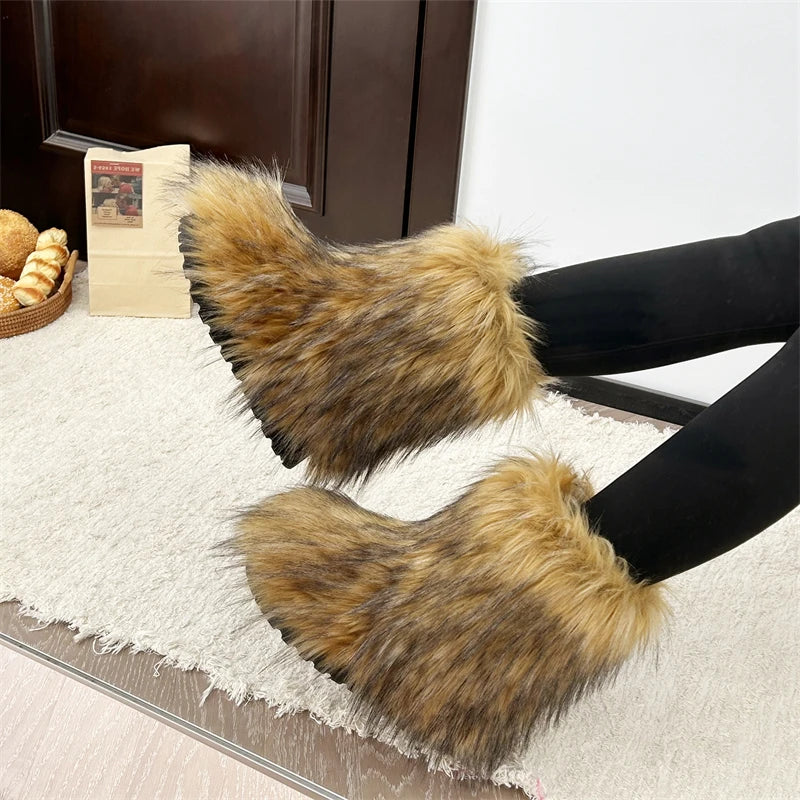 Nouveau Hiver fourrure une pièce fourrure de raton laveur femme bottes de neige chaussures de fourrure en plein air mi jambe bottes