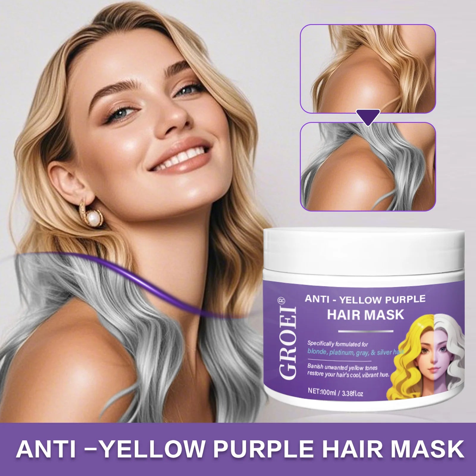 Masque capillaire qui élimine les tons jaunes et nourrit en profondeur les cheveux, améliore la brillance des cheveux et restaure la couleur des cheveux.