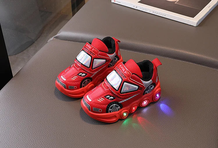 Diseny enfants chaussures décontractées lumière LED voiture Club dessin animé en cuir PU printemps chaussures pour enfants anti-dérapant rouge bleu chaussures taille 21-30