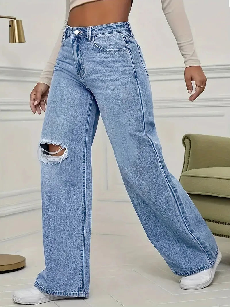 Pantalon en Denim à jambes larges pour femmes, ample, taille haute, trou de personnalité délavé, nouvelle mode classique décontractée, longueur au sol, quatre saisons