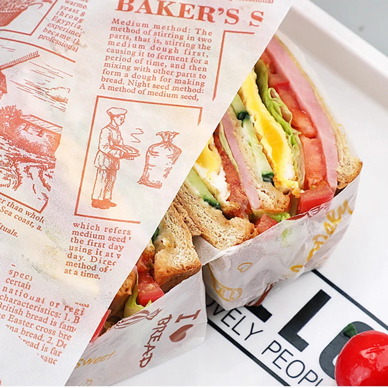 Papier ciré de qualité alimentaire, 50 pièces/lot, papier de graisse, emballages alimentaires, papier d'emballage pour pain, Sandwich, hamburger, frites, papier huilé, outils de cuisson