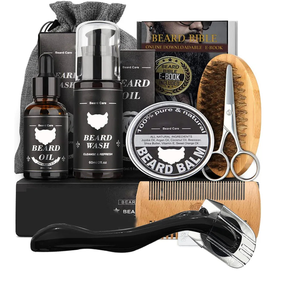 Ensemble complet de soins de barbe pour hommes, peigne à barbe, baume, peigne Double face avec rouleau, liquide de croissance de barbe, 5/7/8 pièces