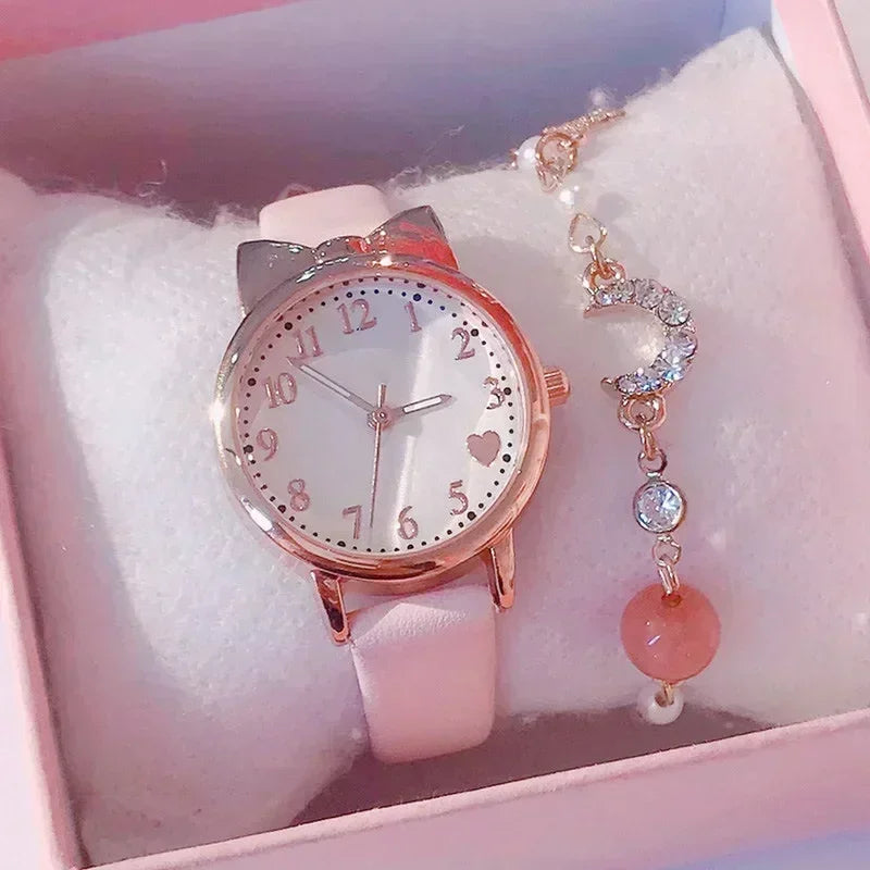 Nouvelle mode enfants amour cadran numérique enfants montre ensemble bracelet en cuir montres à Quartz enfant filles horloge enfants cadeau montre (sans boîte)