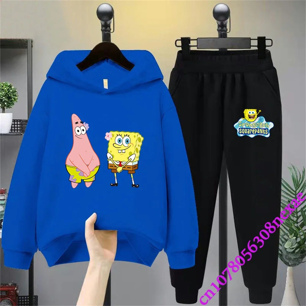 Spongebob-Pull imprimé dessin animé pour enfants, vêtements pour garçons et filles, imbibé, printemps et automne, Sportif, fjedly, 2 pièces