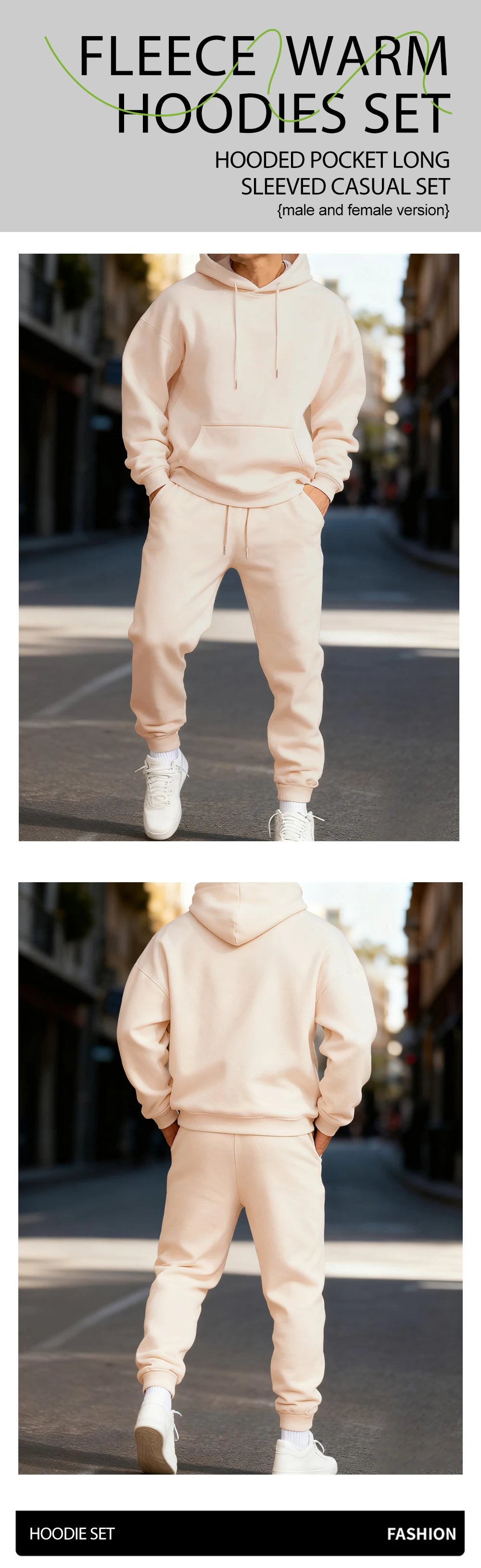 Ensemble sweat à capuche pour homme d'hiver, ensemble deux pièces longue, couleur unie, vêtements de rue, unisexe, costume à la mode, pantalon de survêtement de sport décontracté